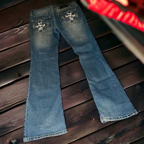 Rue21 Jeans Bootcut Premiere Embellished Cross 5 Pocket Distressed Denim 7/8 Y2K - Picture 10 of 16